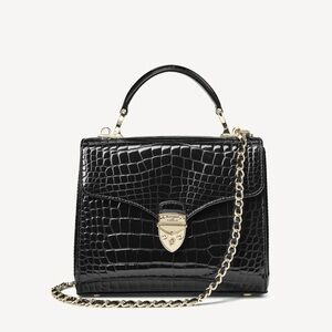 Aspinal of London Midi Mayfair Black Patent Croc Top Handle Crossbody Chain Bag